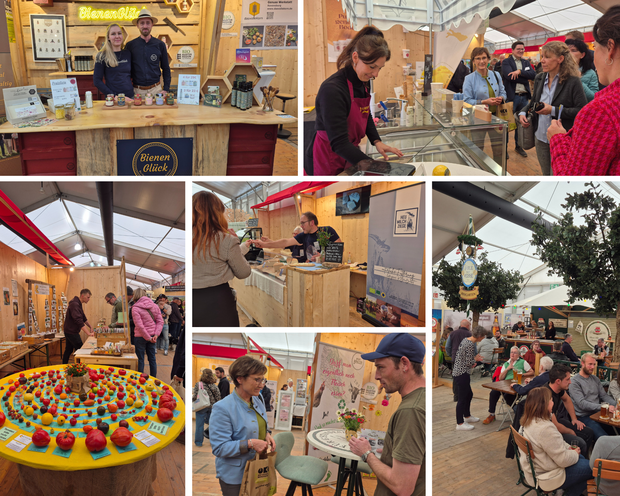 Collage mit verschiedenen Bildern aus der Bio-Markthalle zu sehen sind verschiedene Aussteller an ihren Ständen teils mit Kunden