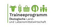 Logo des Traineeprogramms Ökolandbau mit Kuh, Ähre, Korb, Teller und Menschen