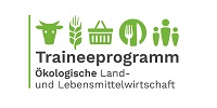 Logo Traineeprogramm Logo des Traineeprogramms Ökolandbau mit Kuh, Ähre, Korb, Teller und Menschen
