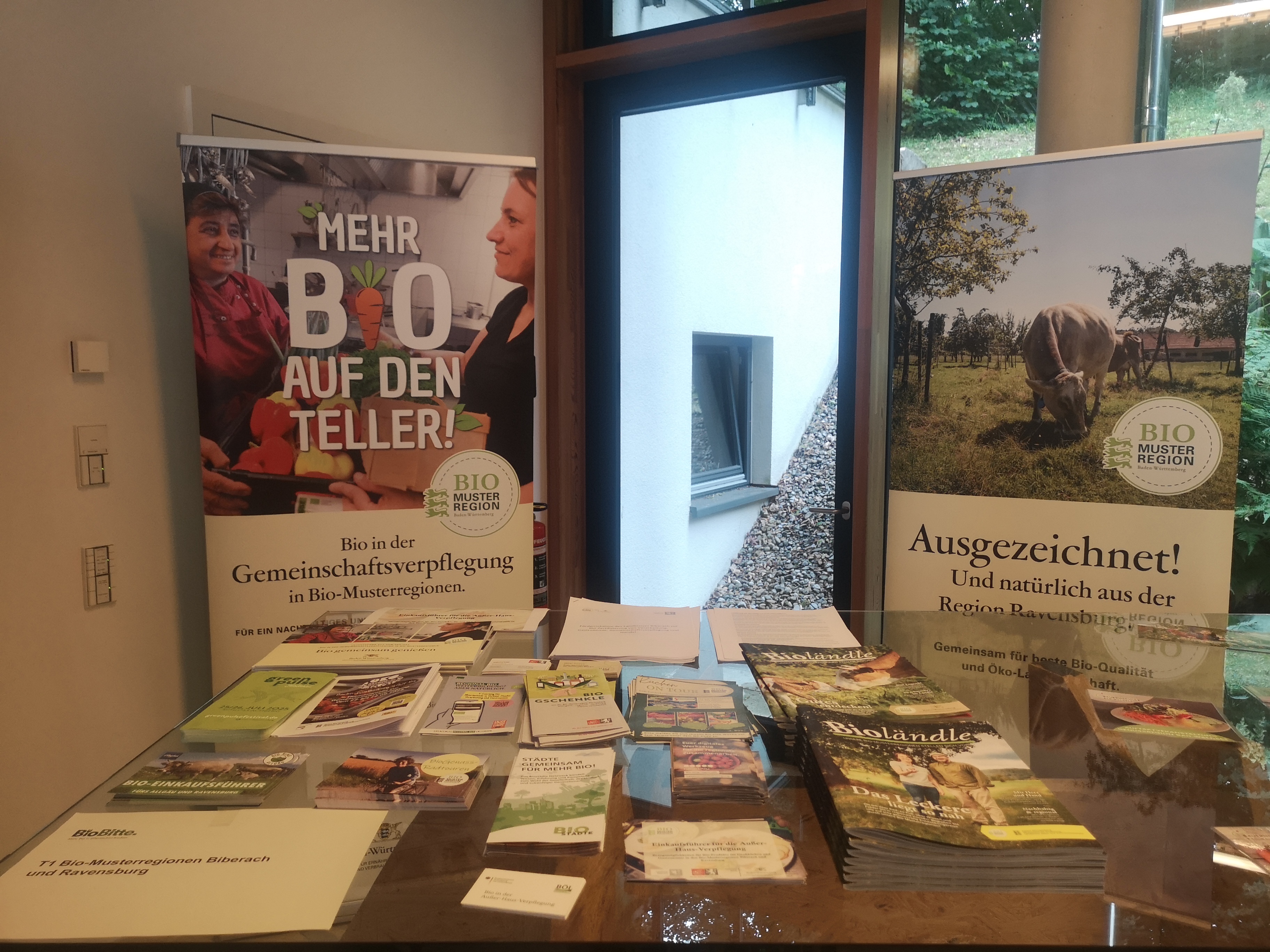 Tisch mit Flyern und im Hintergrund ein Roll-up auf dem steht 