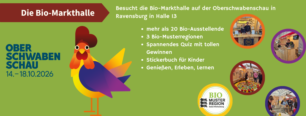 Banner Oberschwabenschau Bio-Markthalle mit drei Bildern, Logos und Text
