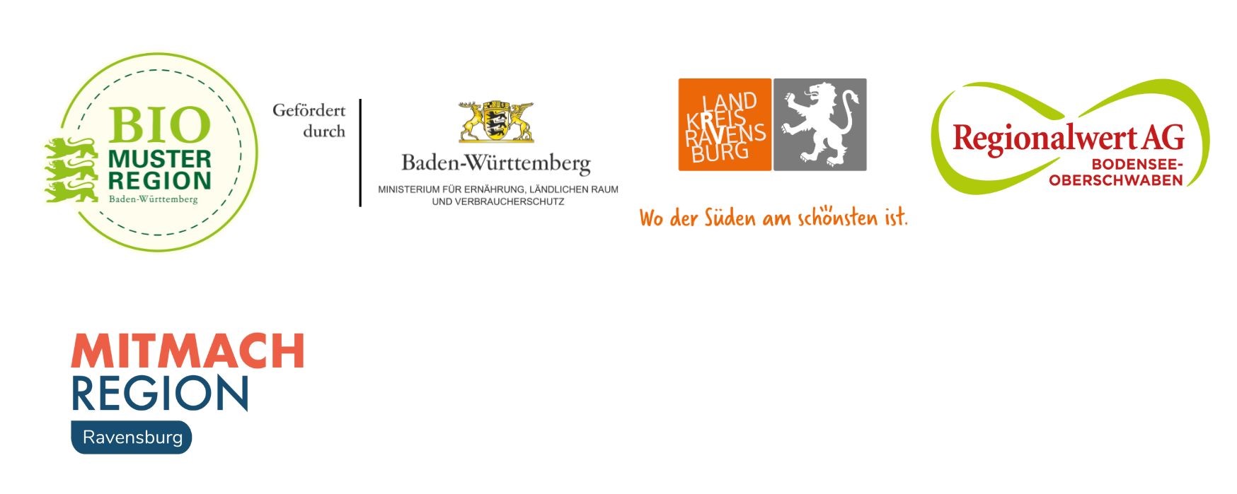 Veranstalterlogos: Bio-Musterregion, gefördert durch Ministerium für Ernährung, Ländlichen Raum und Verbraucherschutz, Logo Landkreis Ravensburg, Logo Regionalwert AG Bodensee-Oberschwabens, Mitmach-Region Ravensburg
