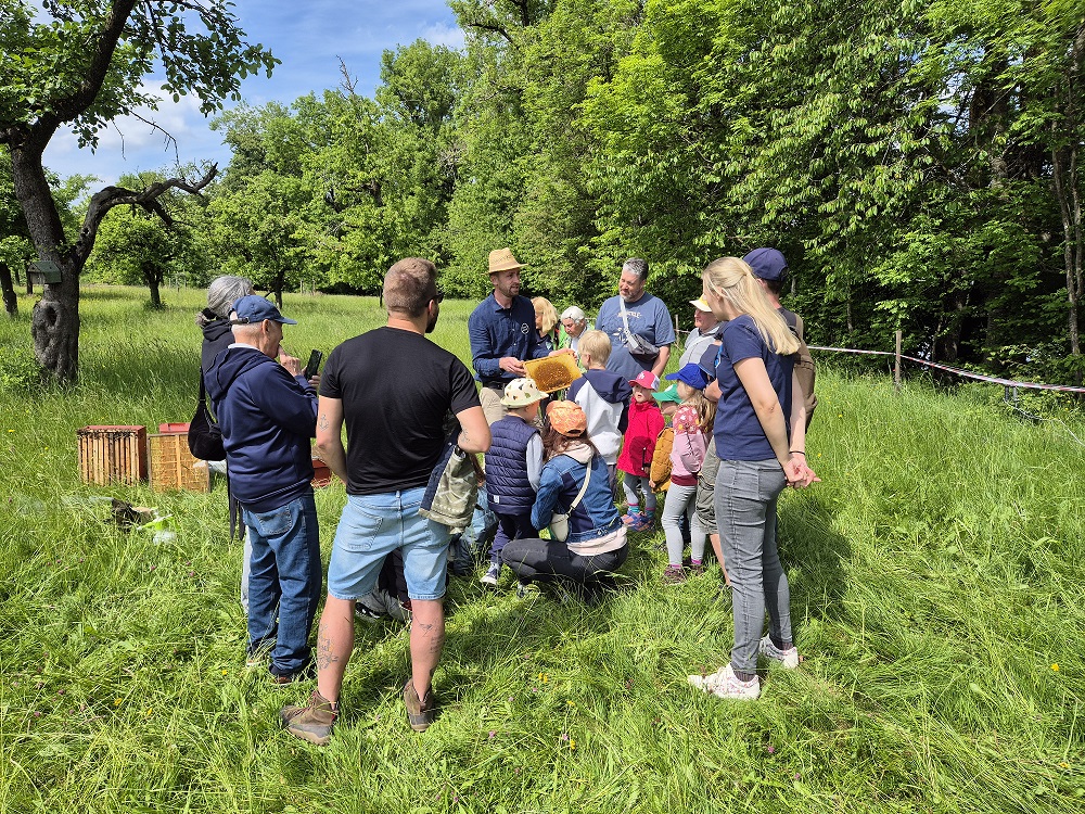 Besuchergruppe lauscht Imker Jürgen Brugger